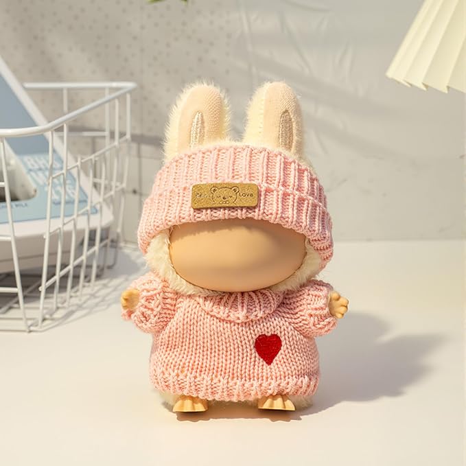 Clothes for LABUBU Doll (NO Doll), 3-Piece Handcrafted Crochet Accessories for LABUBU 17cm Dolls, Premium Outfits for LABUBU Unique Dress up - Heart Sweater + Hat + Bag (Pink)