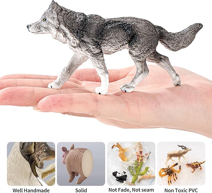 14PCS Wolf Toy Animal Figurines, Realistic Plastic Zoo Safari Animal Toys for Toddlers 3 4 5 6 7, Forest Wolf Animals Figures, Educational Toy Cake Toppers Birthday Gift for Kids Boys Girls