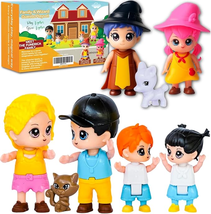 Toy Family People Figures Playset – Dollhouse Figurine Set with Wizard Guests for Imaginative Doll House Play - Features Parents, Kids, Pets & Two Wizards | Pretend Play Storytelling Toy for Kids