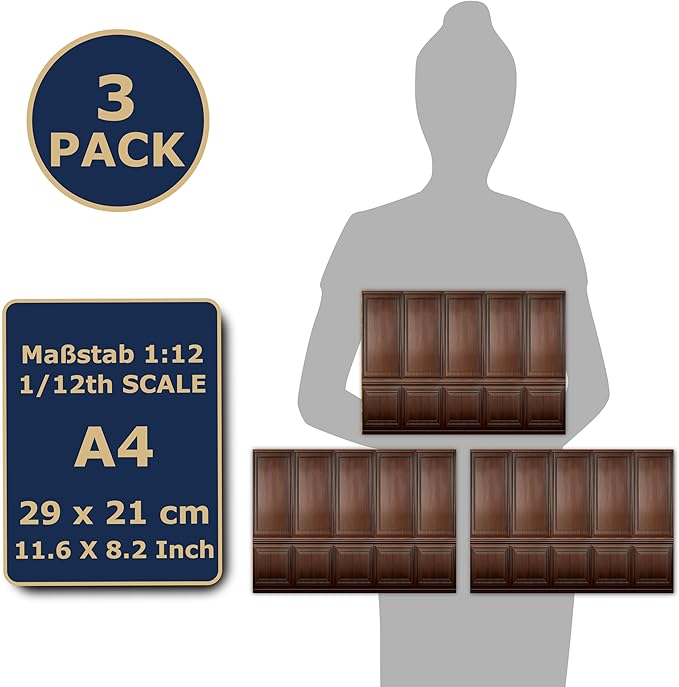 3 Sheets Self-Adhesive Wall Cladding for Dollhouse 1:12 Scale (Wood Paneled Wall (Mahogany))