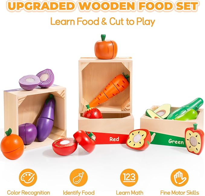 WOODMAM Wooden Play Food for Toddlers, Color Food Groups, Fruit & Veggies Cutting Set, Pretend Play Food Kitchen Accessories for 3 4 5 6 7 Years Old Boys & Girls