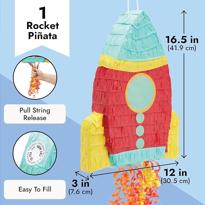 BLUE PANDA Rocket Ship Pull String Pinata for Space Birthday Decorations, Party Supplies & Outer Space Party Decor - 16.5 x 12.5 x 3 In, Red
