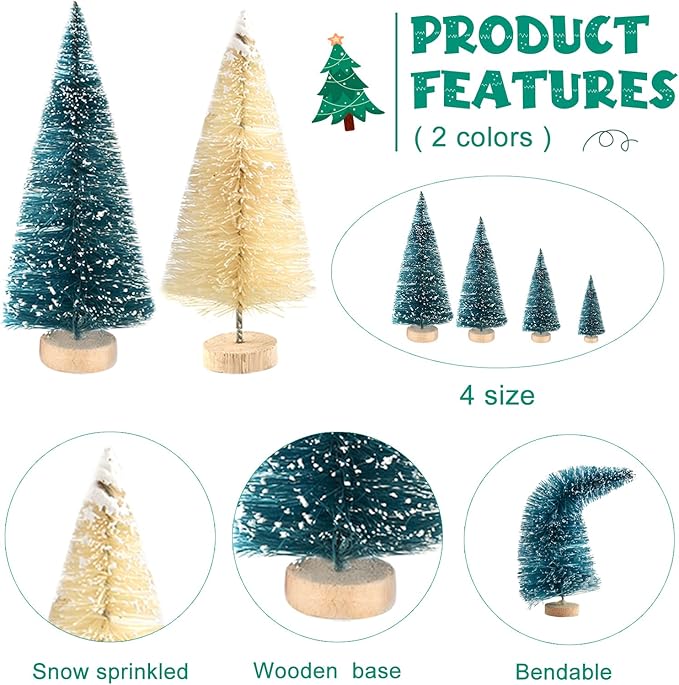 BOUBONI Mini Christmas Tree 35PCS Christmas Village Sets with Crafts Reindeer Snowmen Benches Street Lamp for Xmas Decorations Indoor Party Home Table Craft (Dark Green, Beige)