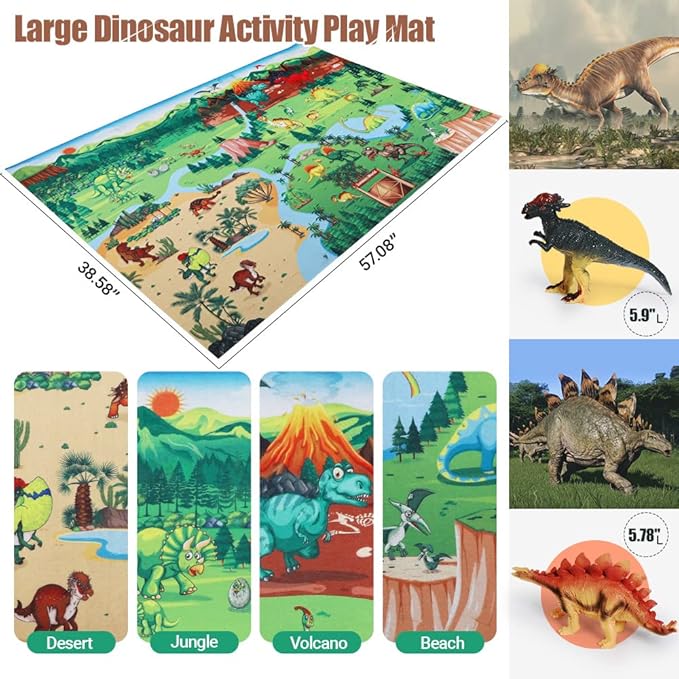 FRUSE Jurassic Dinosaur Toys Figures,12 PCS Realistic Large Dinosaur Figurines with Jumbo Play Mat & Information Dino Book,Educational Dino Figure Playset Cake Topper Decoration for Kids