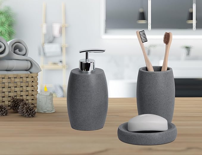 Clasin Home Grey Bathroom Accessories Set 3 PC, Resin Sandstone Look Soap Dispenser, Toothbrush Cup, Soap Dish, Bathroom Soap Dispenser Set for Home Decor and Kitchen