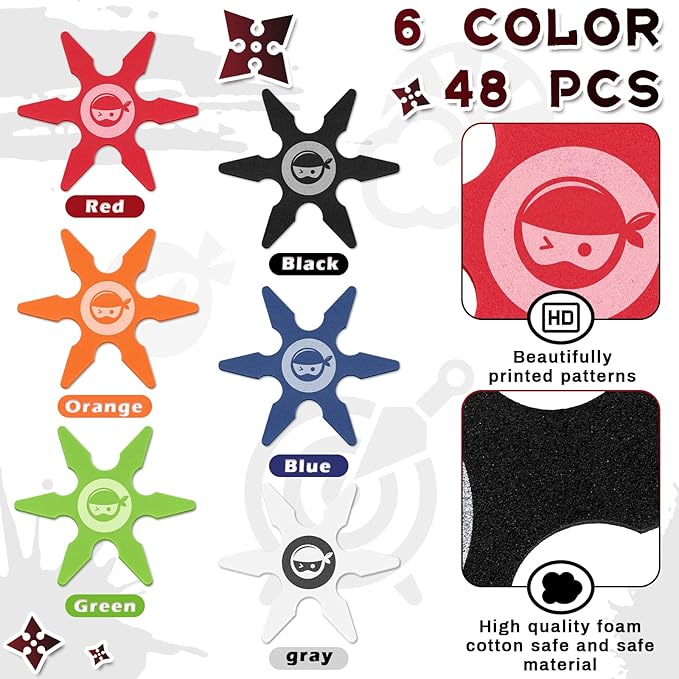 Chivao Ninja Foam Star Toys Small Throwing Foam Stars Throwing Toys Ninja Party Favors for Birthday Party Costume Accessory Halloween Cosplay, 4 Inch(48 Pcs,Gray, Orange, Red, Blue, Black, Green)