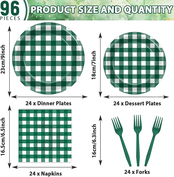 96Pcs Green Gingham Party Decorations Green and White Checkered Birthday Themed Tableware Gingham Plaid Plates Napkins Forks Picnic BBQ Dinnerware Supplies for Baby Shower Birthday Serves 24 Guests