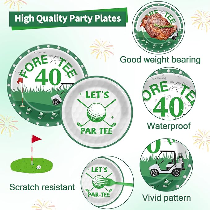 96Pcs Golf 40th Birthday Party Decorations Golf Theme Paper Plates and Napkins Let's Par-Tee 40th Birthday Tableware Fore-Tee Dinnerware Party Supplies for Men Women Sports Serves 24 Guests