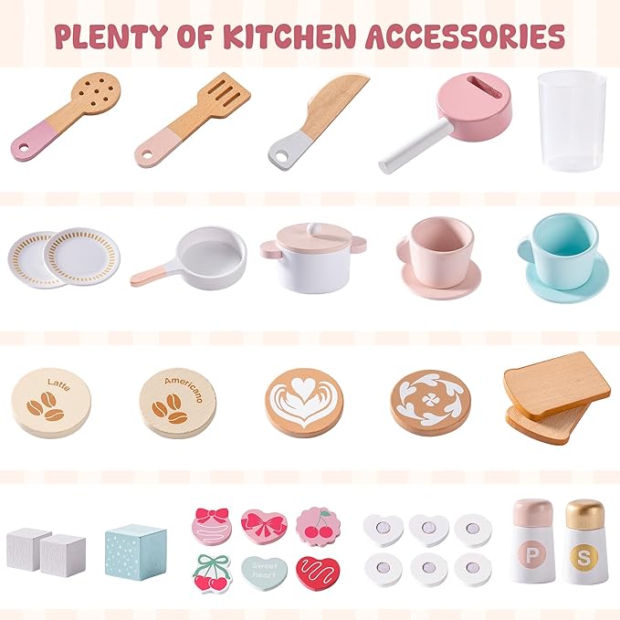 ROBOTIME Kids Play Kitchen, Modern Pretend Wooden Toy Kitchen with Ice Maker, Coffee Maker, Oven, Microwave, Toaster, Stove, Dishwasher & Sink, Complete Kitchen Playset for Ages 3+ (Pink)