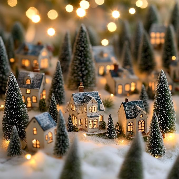 2pcs 12inch Mini Christmas Tree Bottle Brush Trees Chrismas Village Trees Ornaments Mini Plastic Christmas Trees with Wooden Base for Christmas Decoration Miniature Chrismas Tree