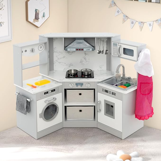 INFANS Corner Kids Kitchen Playset, Toddler Wooden Pretend Cooking Set with Real Running Water Circulation Realistic Light Sound Stove Storage Cabinet Removable Sink Simulation Play Kitchen Toy