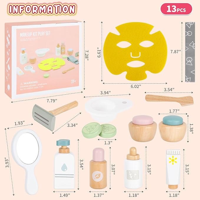 OEUVI Wooden Makeup Toy Set,Pretend Beauty Play Toys,Skin Care Learning Preschool Toys for Toddler, Salon Toys Beauty Fake Makeup Kit with Facial Mask for Girls 3 4 5 6 7+ Year Old Girls.