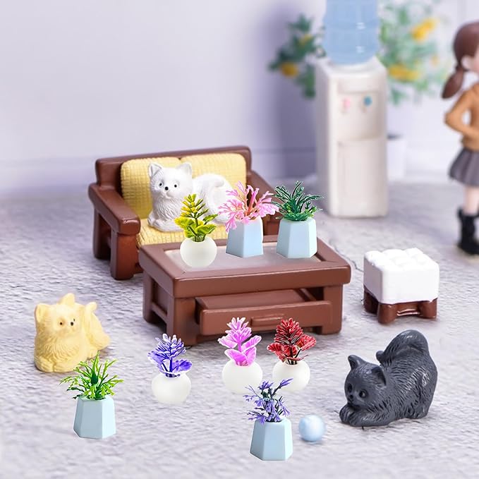 8 Pcs Miniature Potted Plants Set – 1:12 Scale Dollhouse Greenery Ornaments, Realistic Tiny Bonsai & Flower Pots for Fairy Garden, Terrarium, Desk Display, DIY Craft & Micro Landscape Decoration（ B ）