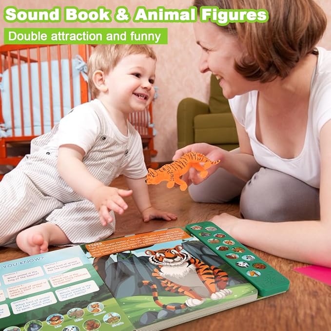 Safari Animals Figures Toys - 13 Realistic Wild Plastic Animal Figurines & Kids Sound Book - Educational Learning Toys Gift for 3 Years Old & Up Boys Girls Toddlers