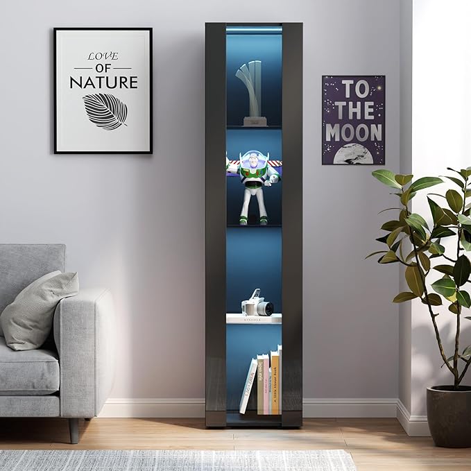 Pvillez 67" LED Display Cabinet with 4 Glass Shelves & 1 Door, Modern Curio Cabinet Collection Display Case Storage Cabinet, High Gloss Floor Standing Bookshelf for Living Room Bedroom Office (Black)