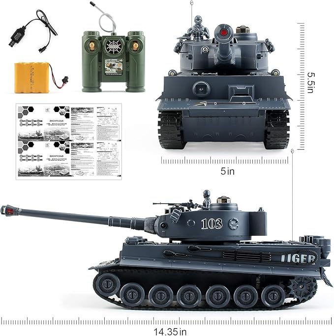 BEAURE Rc Tanks,1:28 WW2 German Tiger Army Tank Toys for Boys,9 Channels Remote Control Vehicles with Sound and Light,RC Military Toys for Kids Boys Girls(Gray)