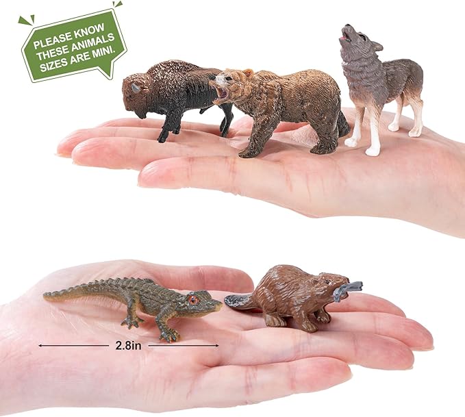 16PCS Mini North American Woodland Animals Figurines Toys, Realistic Jungle Wild Animal Figures with Wolf,Bear,Bison,Reindeer Cake Toppers Birthday Gift Party Favors Toys for Toddler Kids