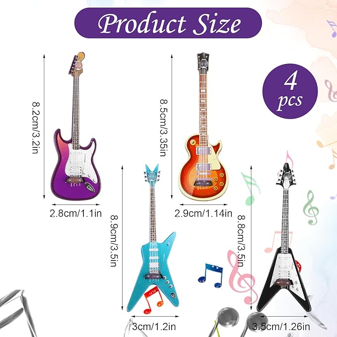 4Pcs Mini Electric Guitar & Bass Guitar Ornament, 1:12 Scale Wooden Miniature Musical Instrument for Mini Music Room, Home Decoration(Purple, Blue, Brown, Black)