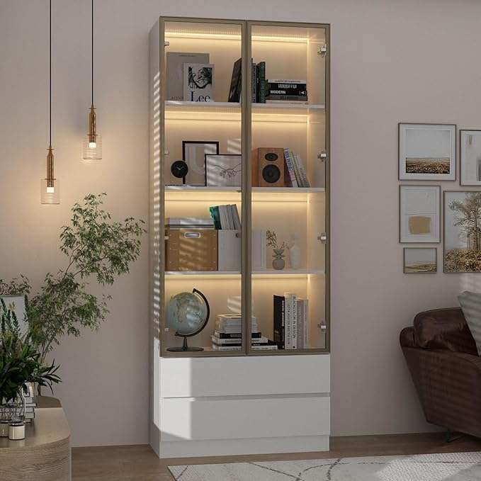 FAMAPY Display Cabinet with 2 Glass Doors and Lights, Display Case Cabinet with 4-Tier Storage Shelves and 2 Drawers, Pop-up Design, White and Champagne Gold (31.5”W x 14.2”D x 78.7”H)