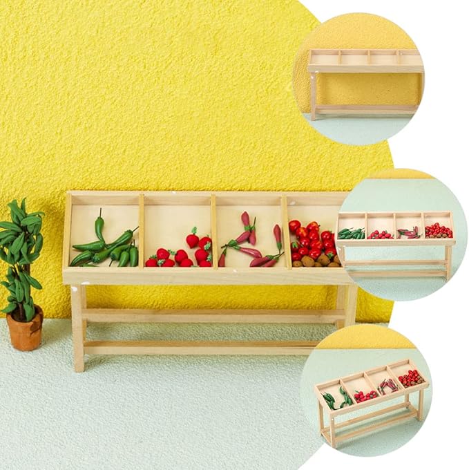 LUOZZY Miniature Wooden Shelf Food Display Miniature House Vegetable Fruit Shelf Figurine Mini Dollhouse Vegetable Rack Stall Model