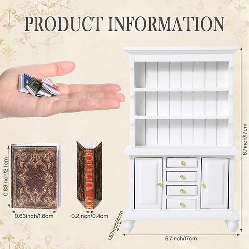 1:12 Scale Dollhouse Miniature Wooden Bookshelf Bookcase with 48 Pcs Miniature Books Mini Tiny Books for Dollhouse Mini Library Decoration Book Lover’s Reading Nook Gift(White)
