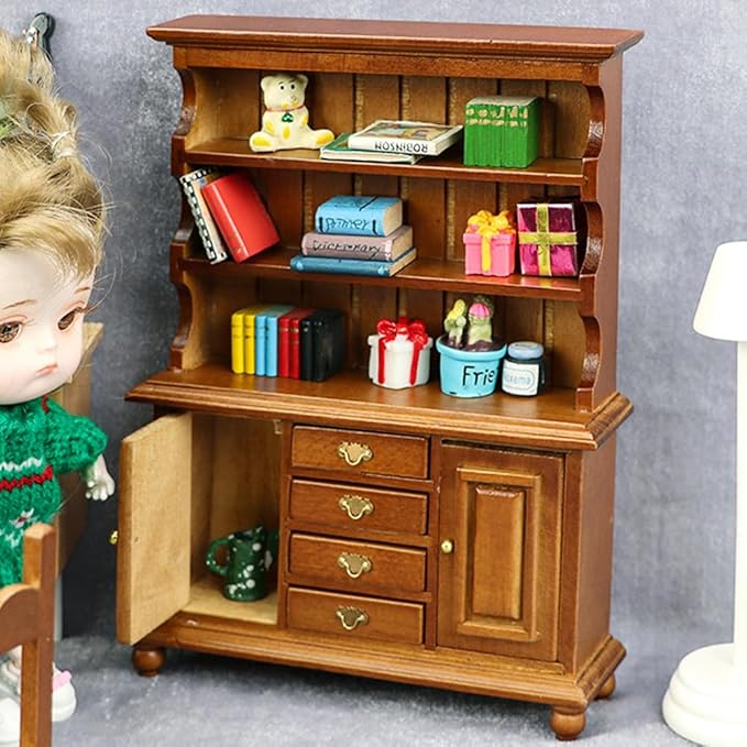 Dollhouse Furniture, Doll Display Cabinet with Drawers 1:12 Scale Miniature Dollhouse Vintage Wood Bookcase, Mini Dresser Living Bedroom Dolls & Accessories DIY Doll House Decorations for Girl and Boy