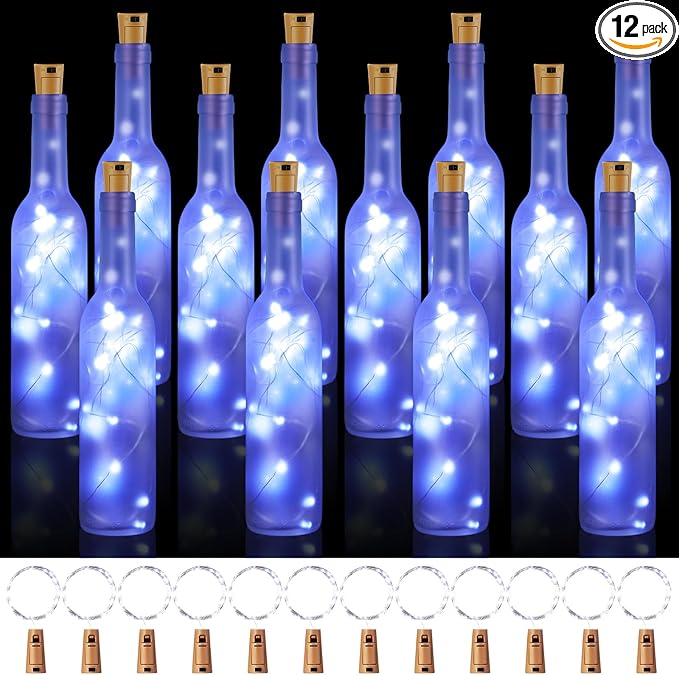 Rtteri 12 Sets Small Empty Wine Bottles with Cork Lights Centerpiece and 30 LED Battery Operated Cork Lights for Birthday Wedding Party Decoration(375 ml,Frosted Bottle)