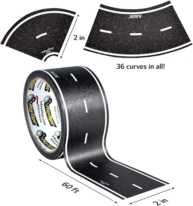 PlayTape Road Tape and Curves for Toy Cars - 1 Roll of 60 ft. x 2 in. Asphalt Road + 1 Roll of 36 Curves