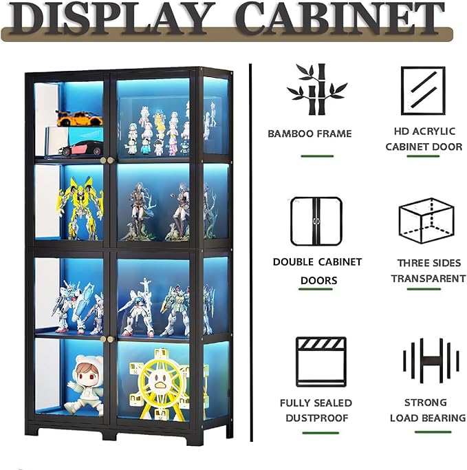 Display Cabinet with Acrylic Doors, 4-Tier Curio Display Case, Transparent Bamboo Curio Display Case for Figures, Storage Cabinet for Collectibles, Bedroom, Office, Playroom
