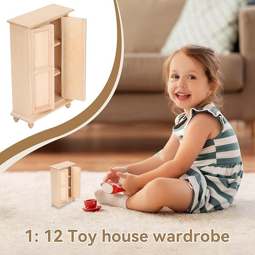 1:12 Dollhouse Wardrobe, Wooden Miniature Double Door Closet Furniture Accessory for Bedroom Living Room