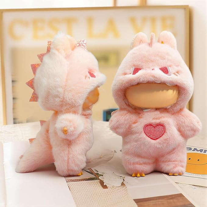 Clothes for LABUBU Doll (NO Doll), Pink Plush Heart Dinosaur Outfits for LABUBU 17cm Dolls, Premium Accessories for LABUBU Unique Dress up