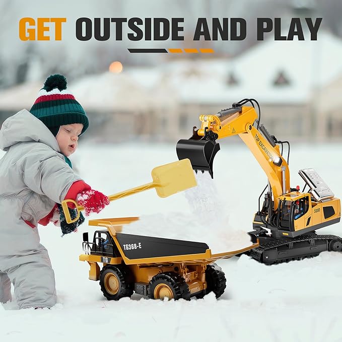 Remote Control Excavator Toy for Boys | 11-Channel Metal Construction Truck with Lights, 2×1200mAh Batteries, 120-Min Playtime | RC Excavator Toys for Kids Ages 3-12, STEM Gift for Birthday