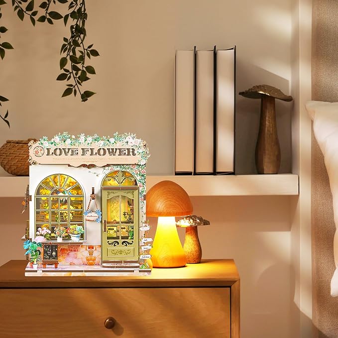 Book Nook Kit – DIY Miniature House Kit with LED Light, 3D Wooden Puzzle Bookshelf Insert Decor, Flower Shop Style Booknook for Adults and Teens, Creative Gift Idea