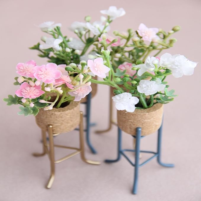 Funky Mini House Miniature Dollhouse Plant Pot Stand & Fake Flower Pot Bundle (2 Packs) – 1:12 Scale Tiny Home Decor, Ideal Gift for Collectors (Gold)