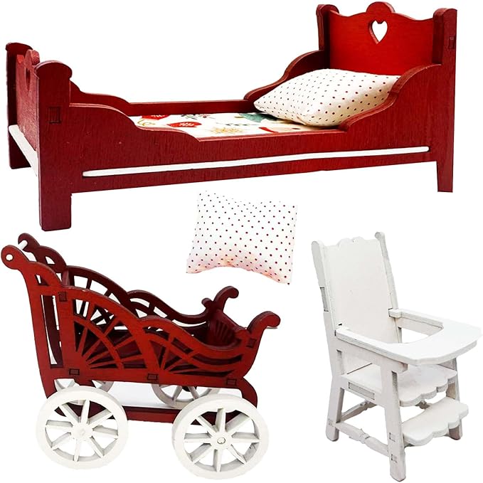Miniature Dollhouse Furniture Set, Red and White Wooden Nursery Room Accessories with Bed, Chair, Carriage, 1/12 Scale, 5 Piece Holiday Decor (5)