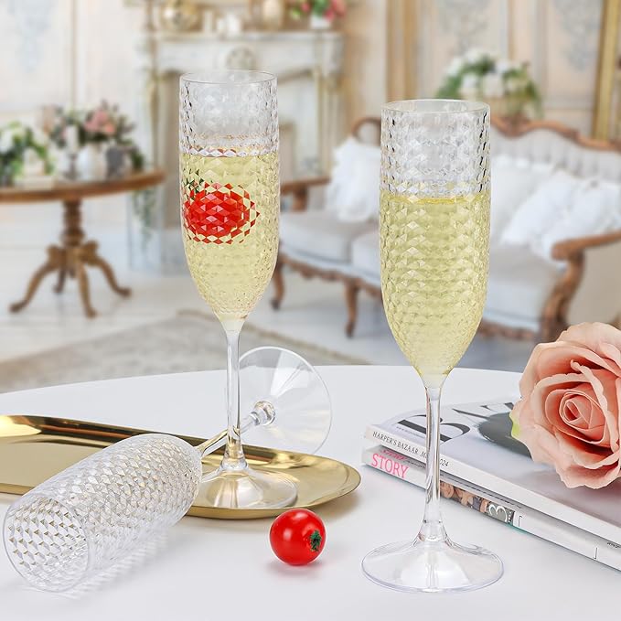 Plastic Champagne Flutes Champagne Glasses Unbreakable Wedding Toasting Glasses Reusable Diamond Wine Glasses Crystal Clear Party Wine Cups Vintage Drinking Glasses 5.5 OZ for Wedding (24, Crystal)