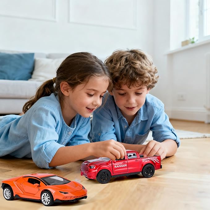 4 Pack 1/36 Metal Diecast Cars Toy with Opening Doors Kid Pull Back Cars Toys Set,Boy Toy Car for Age 3 4 5 6 7 8 9 10 11 12
