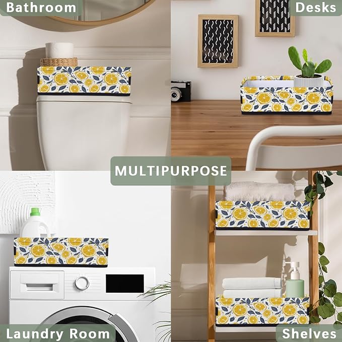 Lemon Leaves Print Bathroom Storage Baskets Waterproof Bathroom Counter Organizer Decorative Toilet Paper Storage Basket for Organizing for Bathroom Living Room Decor