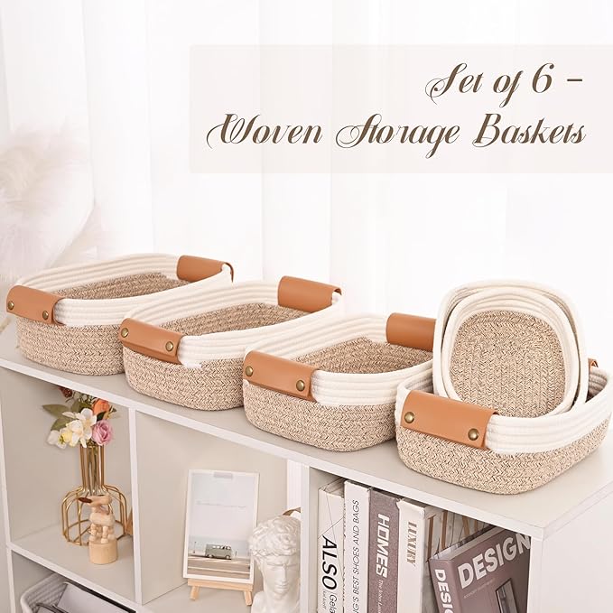 Storage Baskets for Organizing, Small Woven Basket Set of 6-4 Shelf Basket with Leather Handle and 2 Small Gift Baskets, Cotton Rope Basket for Shelves, Nursery, Dog Toy, Bathroom