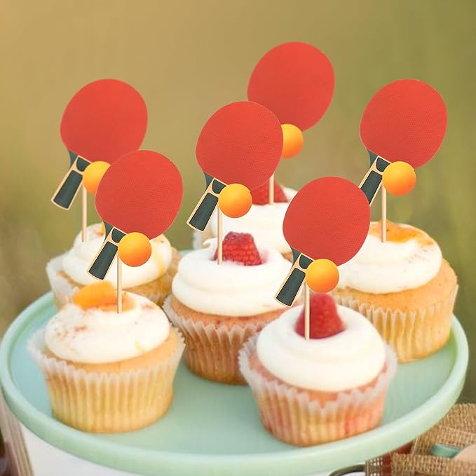 Ercadio 24 Pack Double Sided Table Tennis Cupcake Toppers Table Tennis Cupcake Picks Table Tennis Birthday Cake Decorations Baby Shower Table Tennis Sports Theme Party Cake Decorations, Red-2