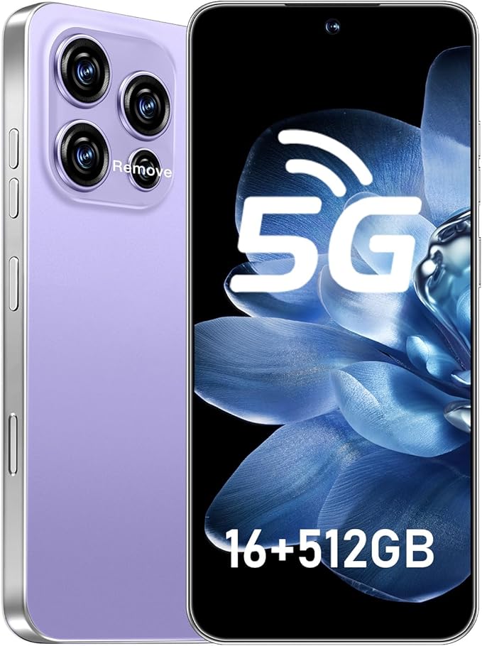 JQAKP 16PROMA X 5G Phone,Smartphone Unlocked Cell Phone 16GB+512GB/6.99“ HD Screen Display/68MP+108MP Camera/7000 mAh, Dual SIM Card/Face Unlock/Fingerprint Button Unlock (Pale Purple)
