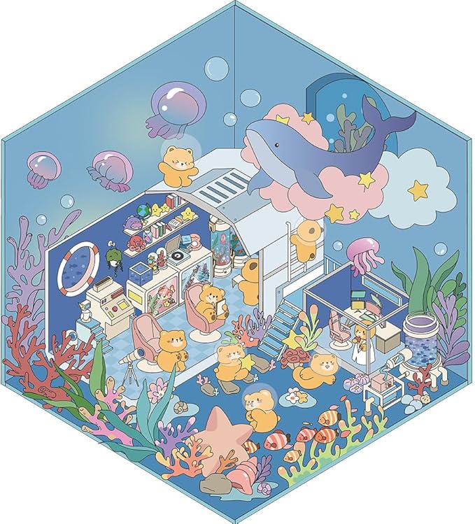 DIY 3D Sticker Scenes Kit: 4 Sets Miniature Room & Shop Stickers for Teens & Adults - Create Your Own Cute Cartoon Worlds, Stress Relief Craft