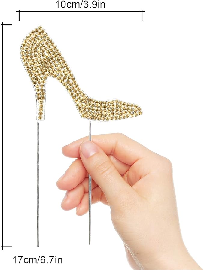 LINGTEER High Heel Gold Rhinestone Crystal Cake Topper Perfect for Birthday Wedding Anniversary Party Keepsake Sparkle Decoration