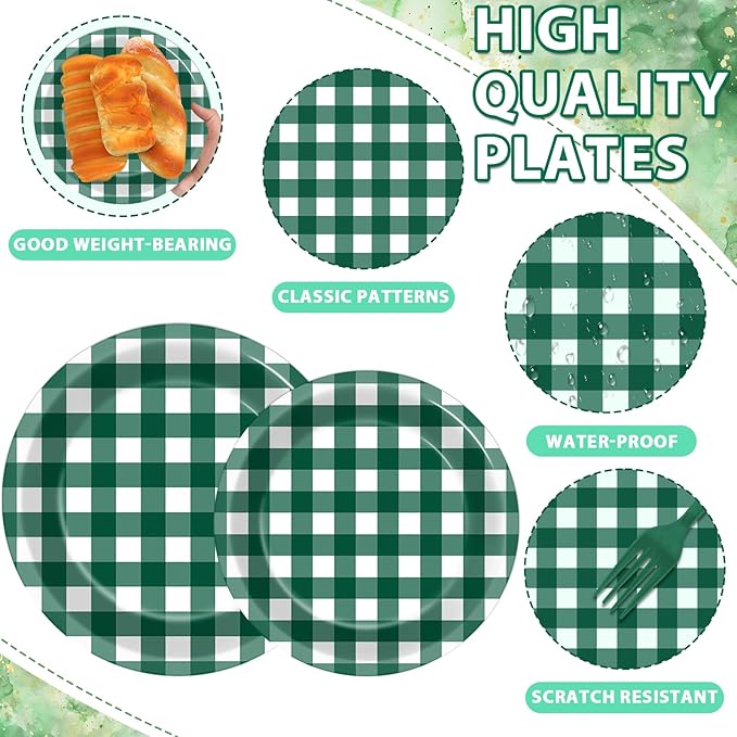 96Pcs Green Gingham Party Decorations Green and White Checkered Birthday Themed Tableware Gingham Plaid Plates Napkins Forks Picnic BBQ Dinnerware Supplies for Baby Shower Birthday Serves 24 Guests