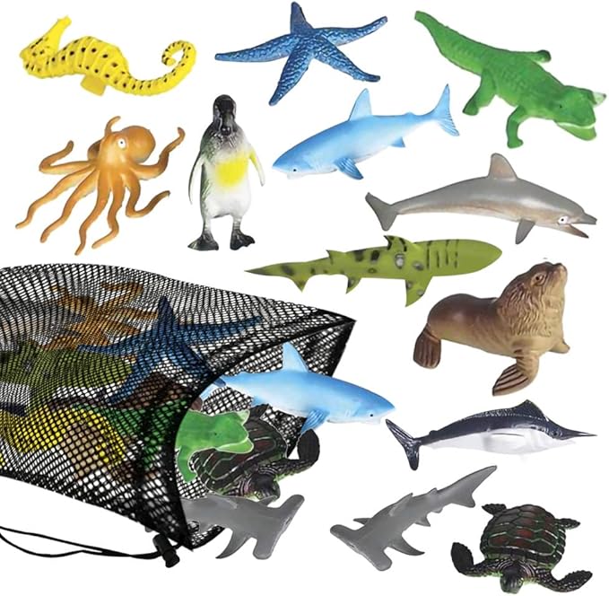 ArtCreativity Aquatic Sea Animal Assortment in Mesh Bag, Pack of 12 Sea Creature Figurines in Assorted Designs, Bath Water Toys for Kids, Ocean Life Party Décor, Party Favors for Boys & Girls
