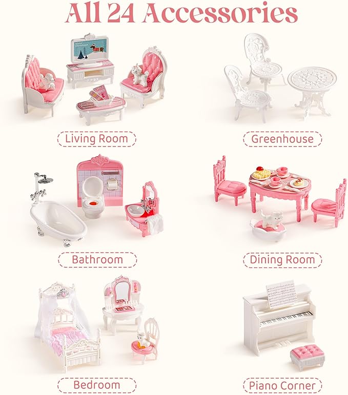 ROBOTIME 26PCS Dollhouse Furniture Set for Kids – Realistic Dollhouse Accessories with 5 Rooms: Living Room, Bedroom, Bathroom, Dining Room & Balcony, for Girls & Boys Ages 3+