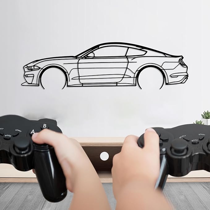 DecoSoul Mustang Metal Car Wall Art, Sports Car, Automotive Silhouette Line Decoration, Minimalist Sculpture for Garage, Indoor Outdoor Wall Hanging, Gift for Boyfriend (Black - 45 x 12.4” inch)
