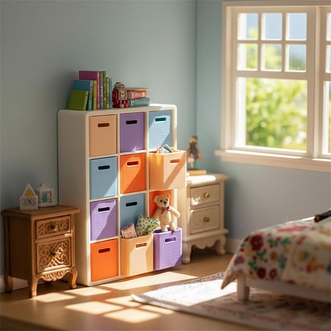 LOGOFUN 1:12 Miniature Dollhouse Storage Rack with 12 Compartments and 4 Color Boxes Miniature Bookshelf Organizer with Cabinets