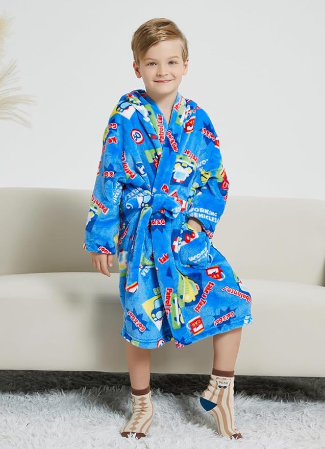 Boys Fleece Robe Hooded Toddler Soft Bathrobe Pajamas Sleepwear for Kids Girls 2-16 Years