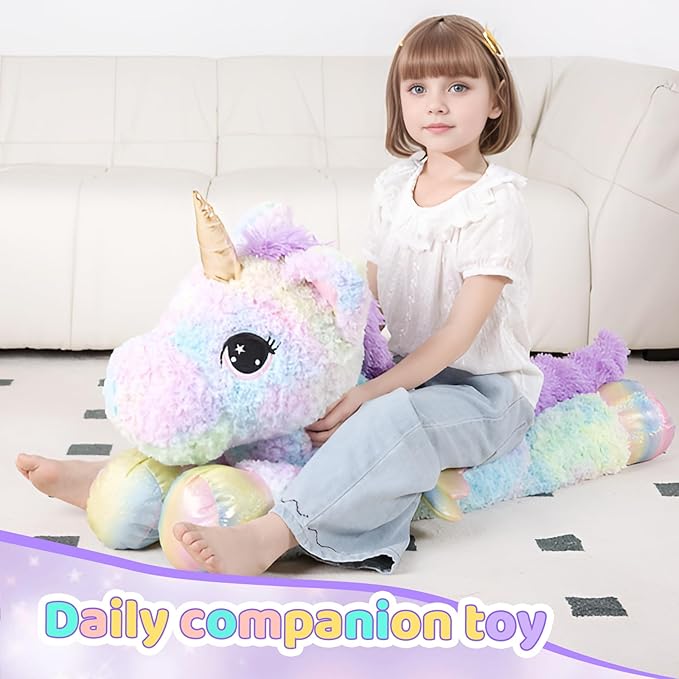 44 Inch Giant Rose Rainbow Unicorn Stuffed Animal Plush Toy with Wings Soft Cute Large Unicorn Plushies Animals Body Pillow Gift for Children Boy Girl Kids Birthday Valentine Room Decorations